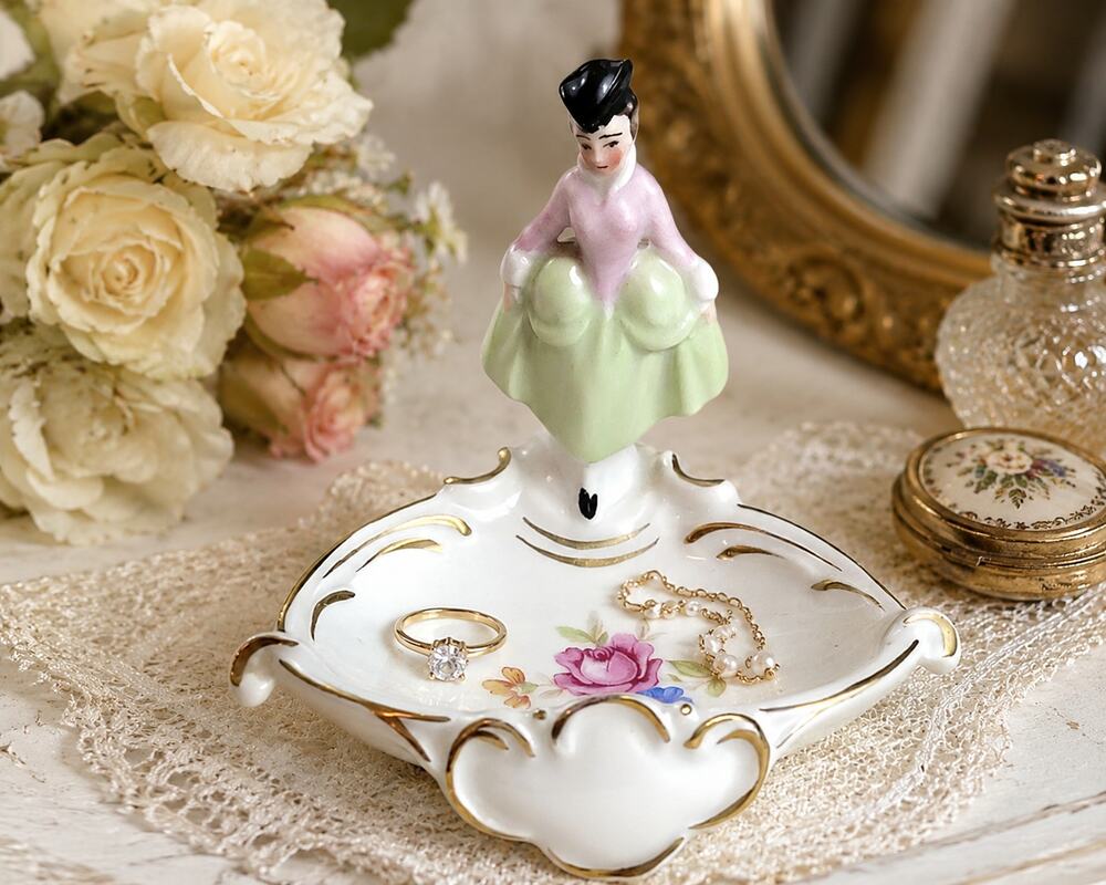 Vintage Erphila Germany Figural Lady Vanity Ring Dish Art Deco Porcelain 1930s